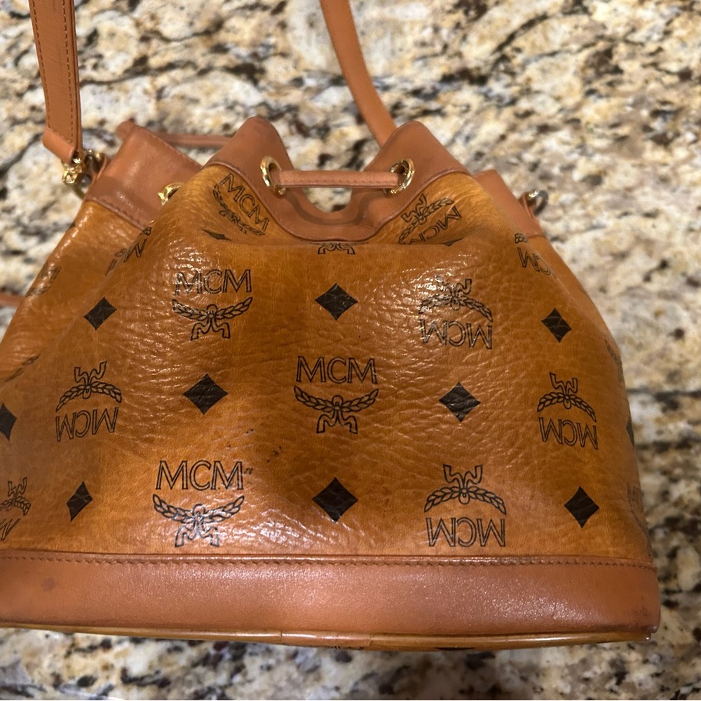 MCM Visetos Cognac Nappa Leather Monogram Drawstring Bucket Bag.  Authentic! - Picture 7 of 12